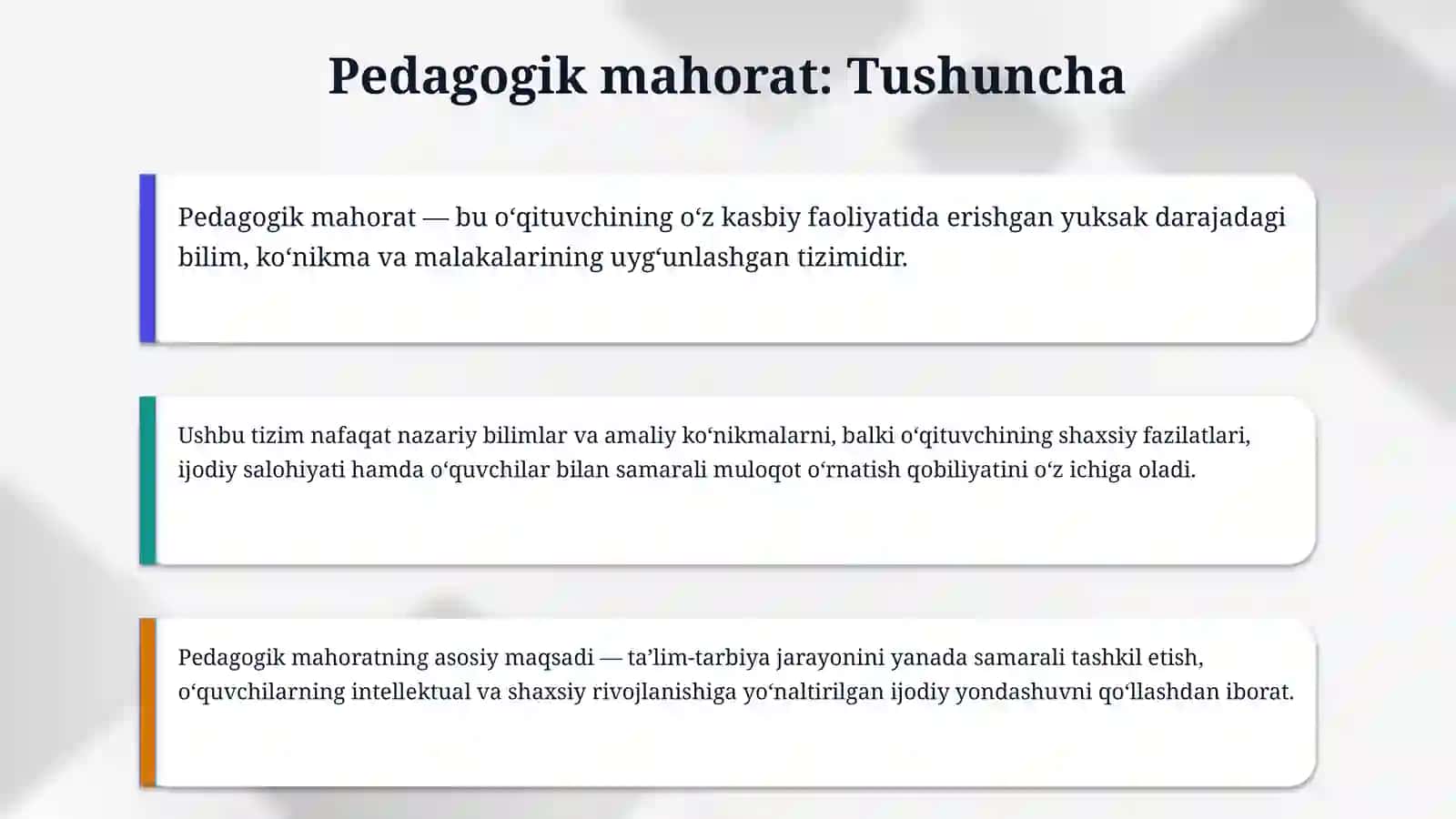 Hozirgi zamon pedagogikasida ilmiy pedagogik adabiyotlarda pedagogik mahorat, pedagogik texnika (uning tizimi va mohiyati haqida olg'a surilgan g'oyalar 4