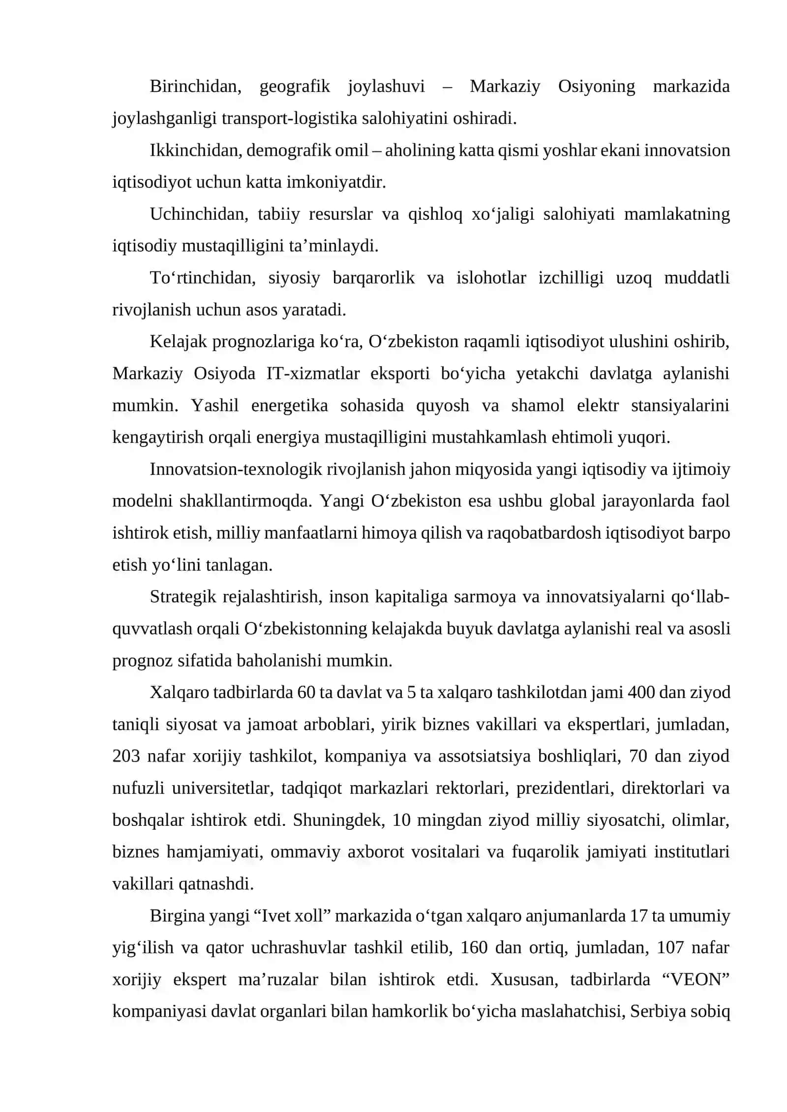 INNAVATSION-TEXNOLOGIK RIVOJLANISHNING JAHON MIQYOSIDAGI BASHORATLARI. YANGI ÕZBEKISTONDA YANGICHA QARASH. O’ZBEKISTON KELAJAGI BUYUK DAVLAT EKANLIGINING PROGNOZI. 4