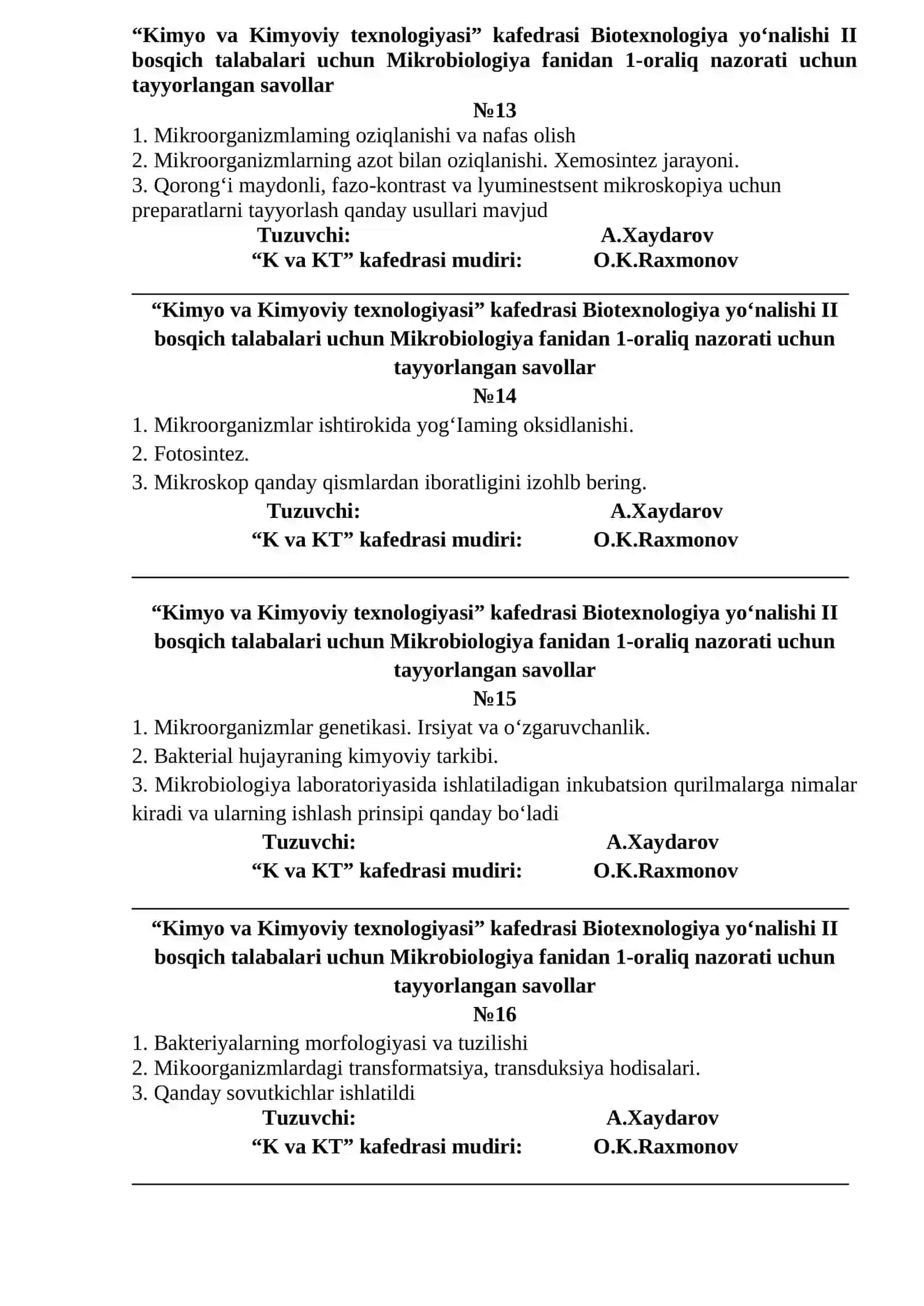 Biotexnologiya yo‘nalishi II bosqich talabalari uchun Mikrobiologiya fanidan 1-oraliq nazorati uchun tayyorlangan savollar 4