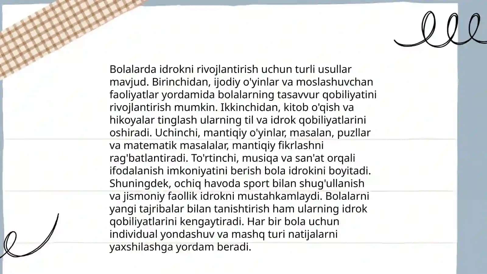 Maktabgacha yoshdagi bolalarda bilish jarayonlaridan sezgi,idrok, xotira, xayol, tafakkur, diqqat va nutqning rivojlanishi 4