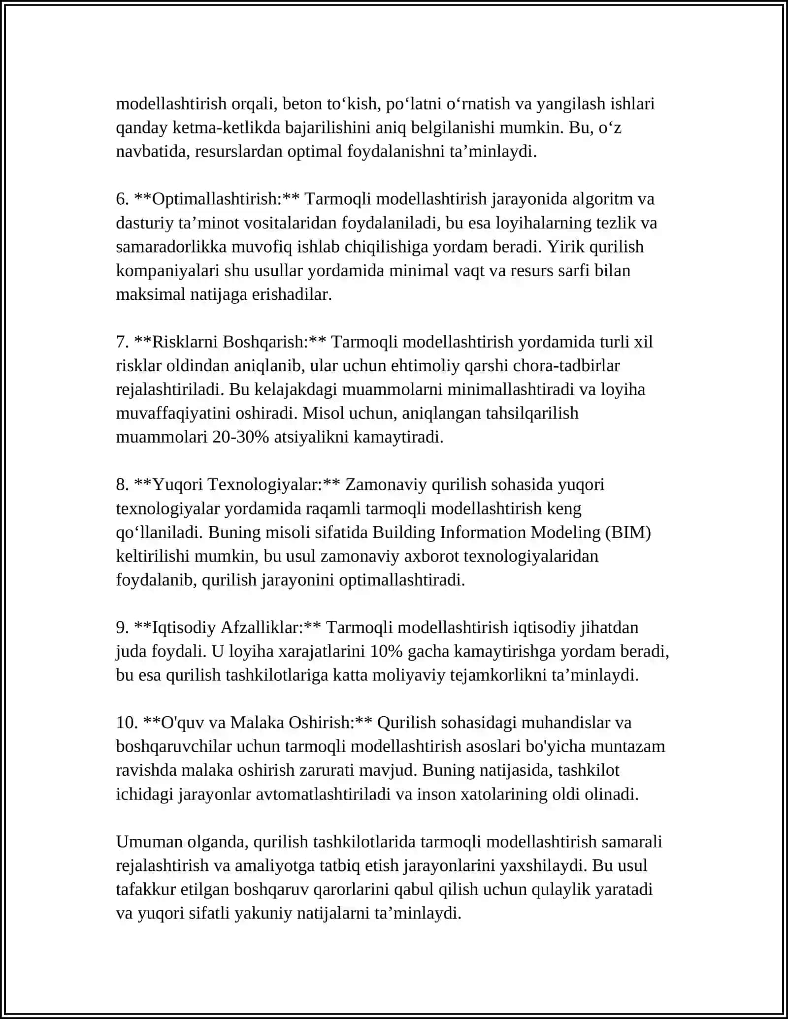 QURILISH TASHKILOTLARI FAOLIYATIDA TARMOQLI MODELLASHTIRISHDAN FOYDALANISH 4