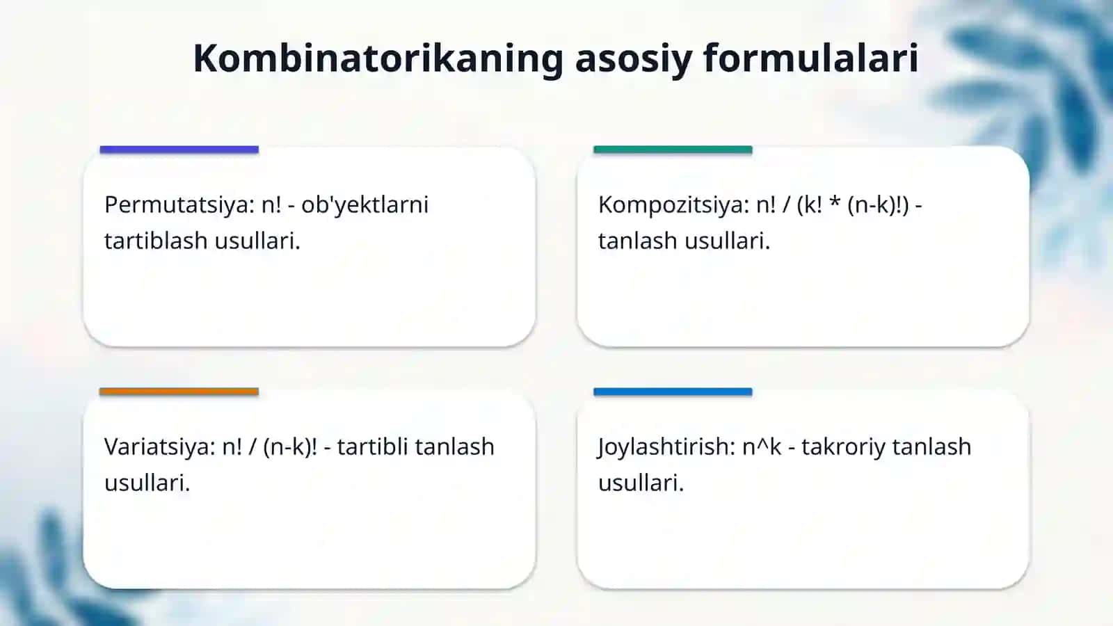 Kombinatorika mavzusidagi formulalar yordamida yechiladigan masalalar tuzish. 4