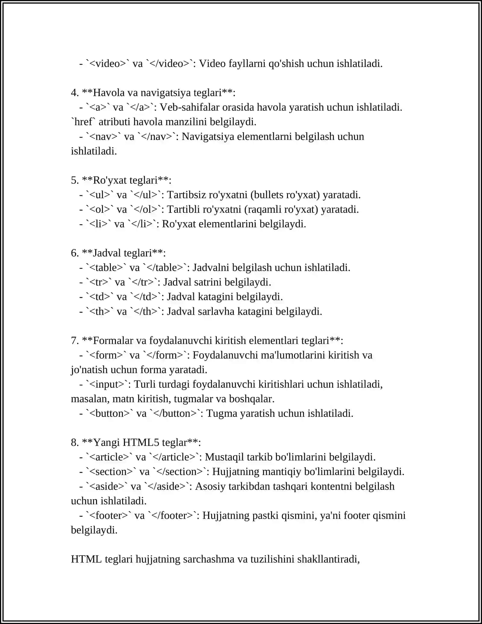 HTML DASTURLASH TILIDA TEG TUSHUNCHASI 4