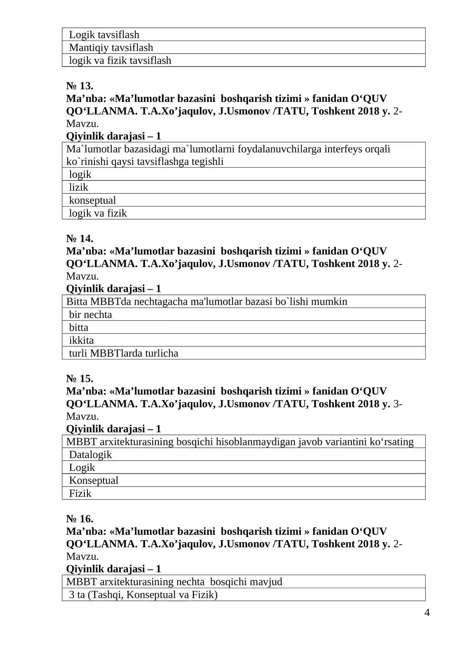 Ma’lumotlar bazasi fanidan 200 ta Test savollari 4