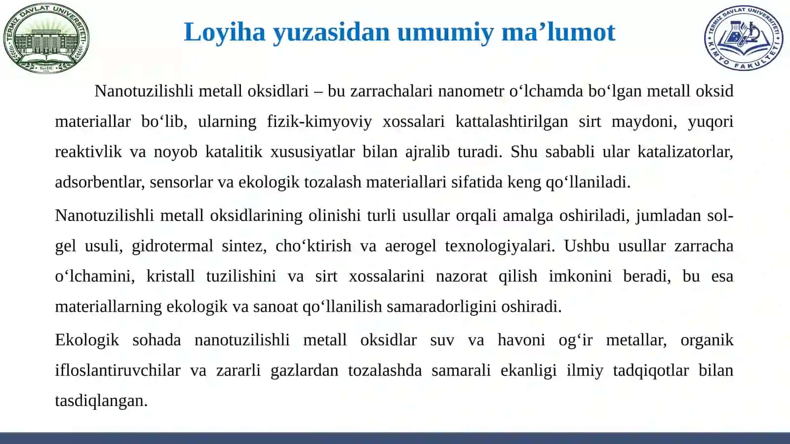 Nanotuzilish Limetalloksidlarining Olinishi va Ular Ning Ekoqo‘llanilishi 4