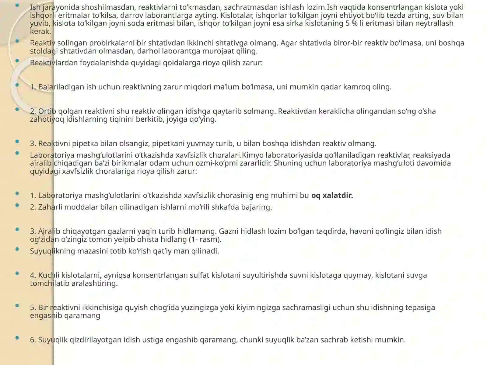 KIMYOVIY LABORATORIYADA TAJRIBA OLIB BORISHTARTIBI VA XAVFSIZLIK QOIDALARI 4