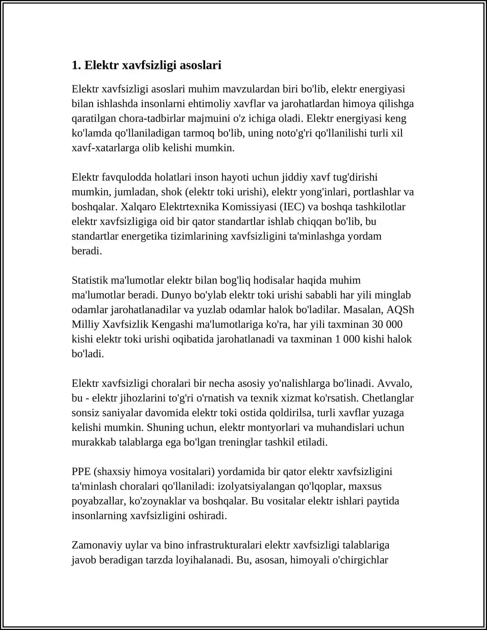 ELEKTR XAVFSIZLIGI BOʻYICHA MEHNAT SHAROITINI TEKSHIRISH 4