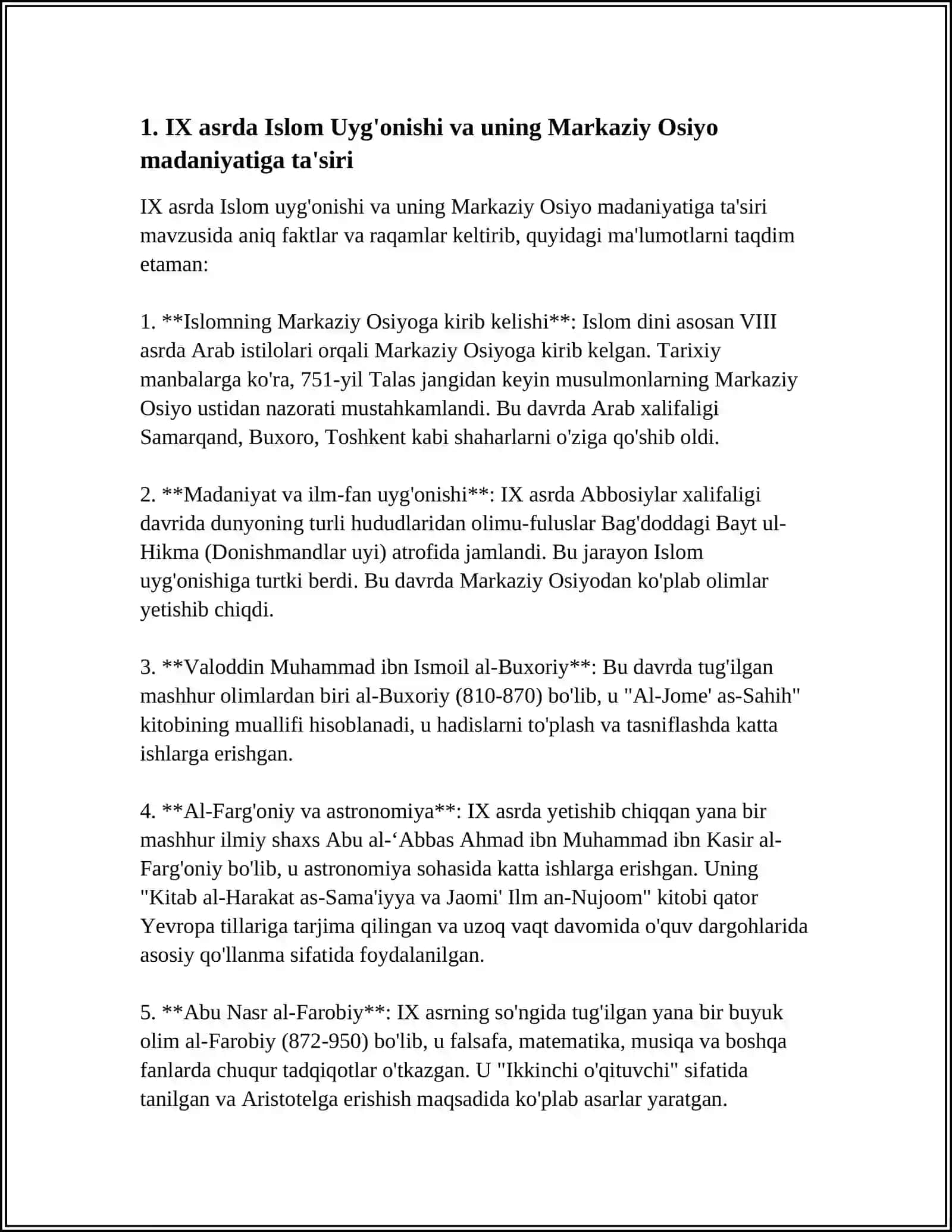 IX-XII ARSLARDA MAMLAKATIMIZ HUDUDIDA RÒY BERGAN MADANIY UYĜONISH (RENESSANS).BUYUK ALLOMALARNING JAHON SIVILIZATSIYASIGA QÒSHGAN HISSASI 4