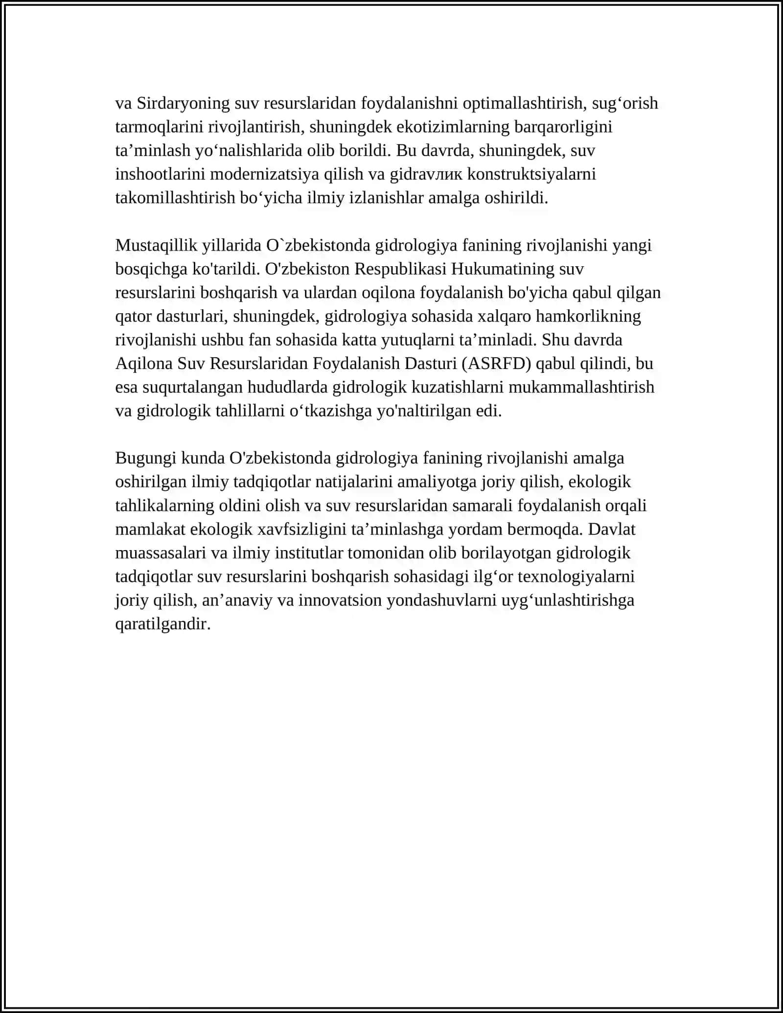O‘ZBEKISTONDA GIDRALOGIYA FANININ SHAKILLANISHI RIVOJLANISHI VA HOZIRGI HOLATI BOʻYICHA BATAFSIL MA'LUMOT 4