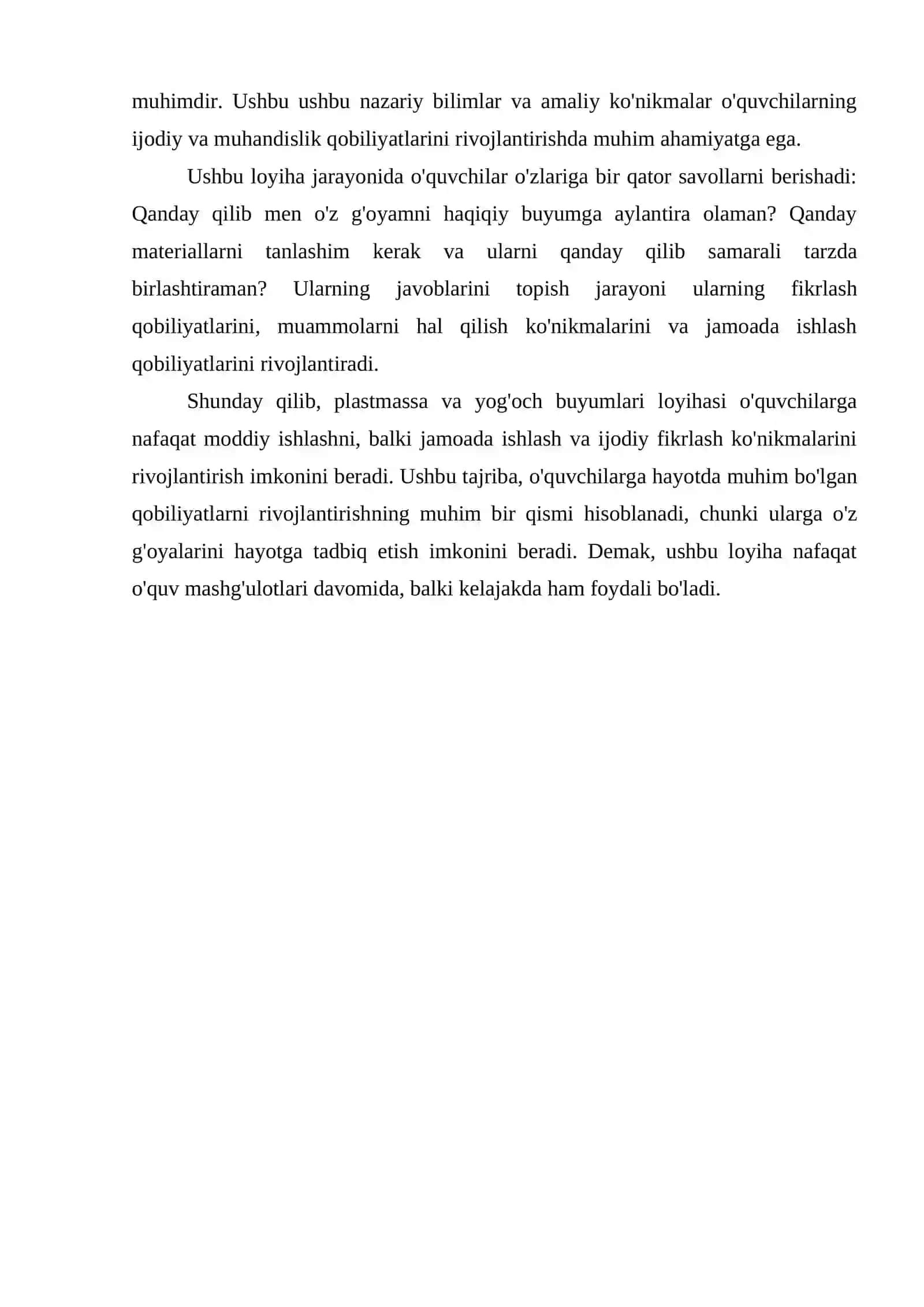 OʻQUVCHILAR UCHUN ODDIY PLASTMASSA VA YOGʻOCH BUYUMLARI LOYIHASI ISHLAB CHIQISH 4
