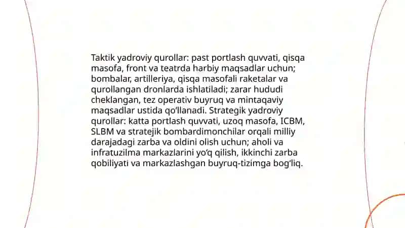 Yadroviy qurollar turi va qo'llanish usullari to'g'risida tushuncha. Yadroviy o'choq tavsifi 4