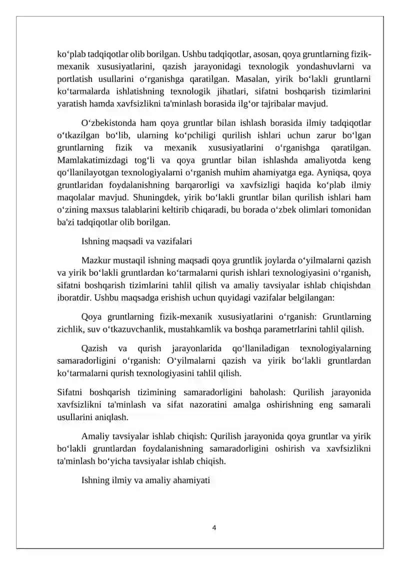 Qoya gruntlik joylarda o‘yilmalarni qazish va yirik bo‘lakli gruntlardan ko‘tarmalarni qurish ishlari sifatini boshqarish 4