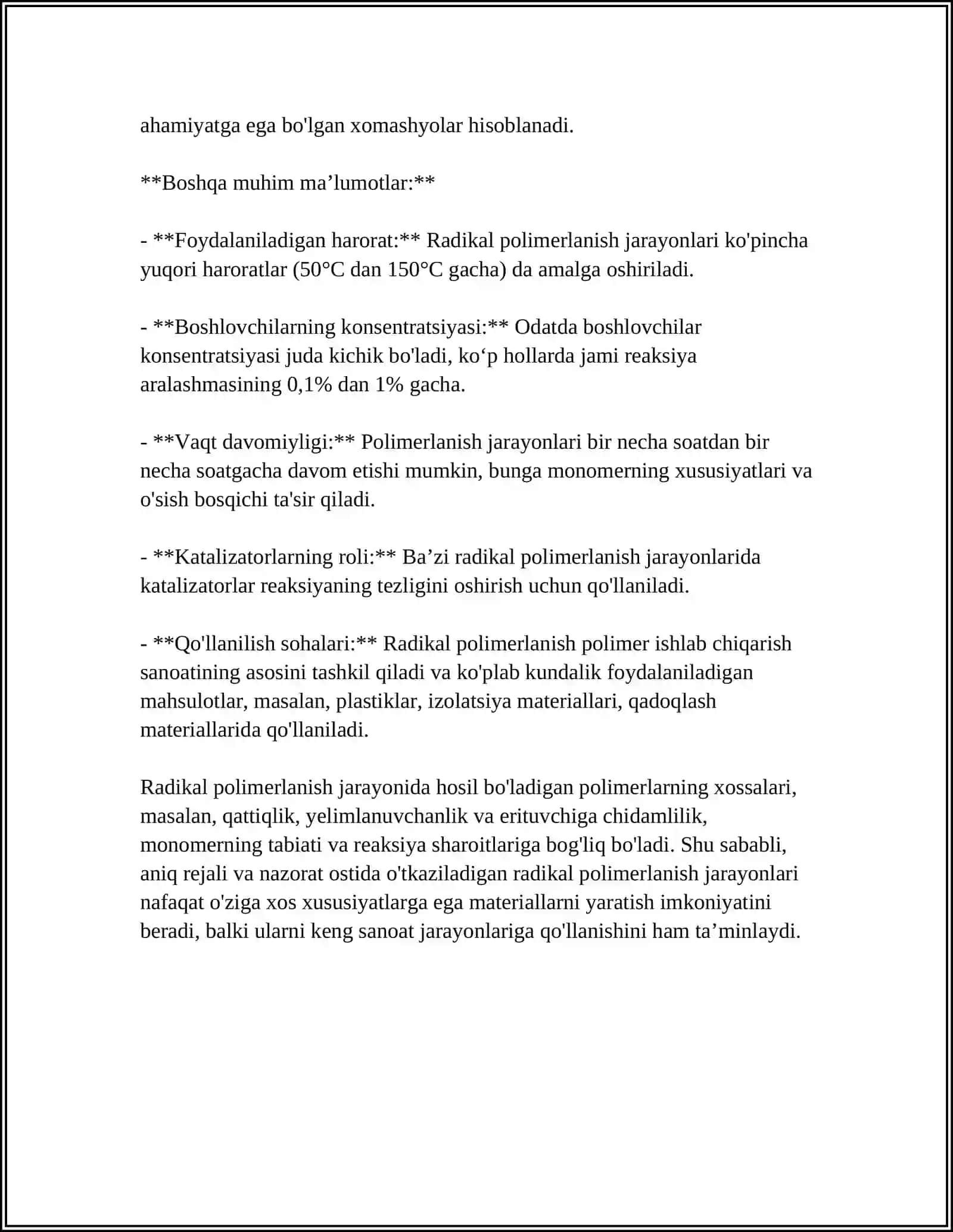 RADIKAL VA ION POLIMERLANISH. RADIKAL POLIMERLANISH QONUNIYATLARI JARAYON BOSQICHLARI. RADIKAL POLIMERLANISHDA FAOL MARKAZ HOSIL QILISH TURLARI 4