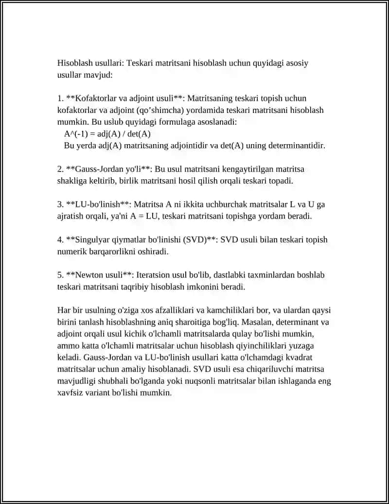 TESKARI MATRITSANI HISOBLASH USULLARI REJA ASOSIDA 4