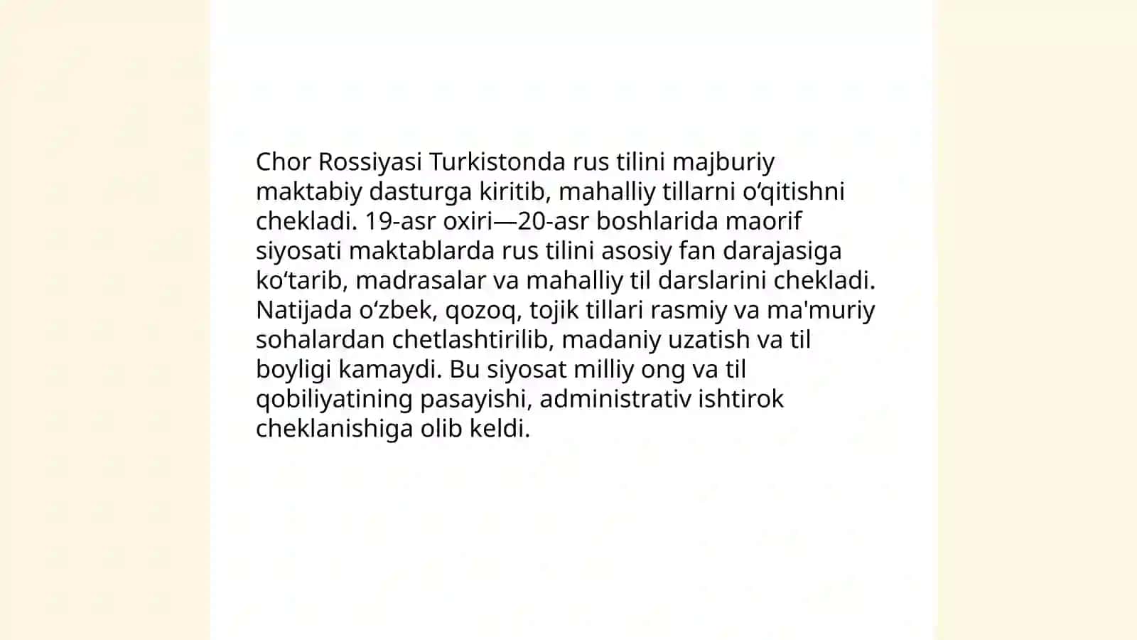 Chor Rossiyasining Turkistonda maorif va madaniyat sohasidagi mustamlakachiligi va uning salbiy oqibatlari 4