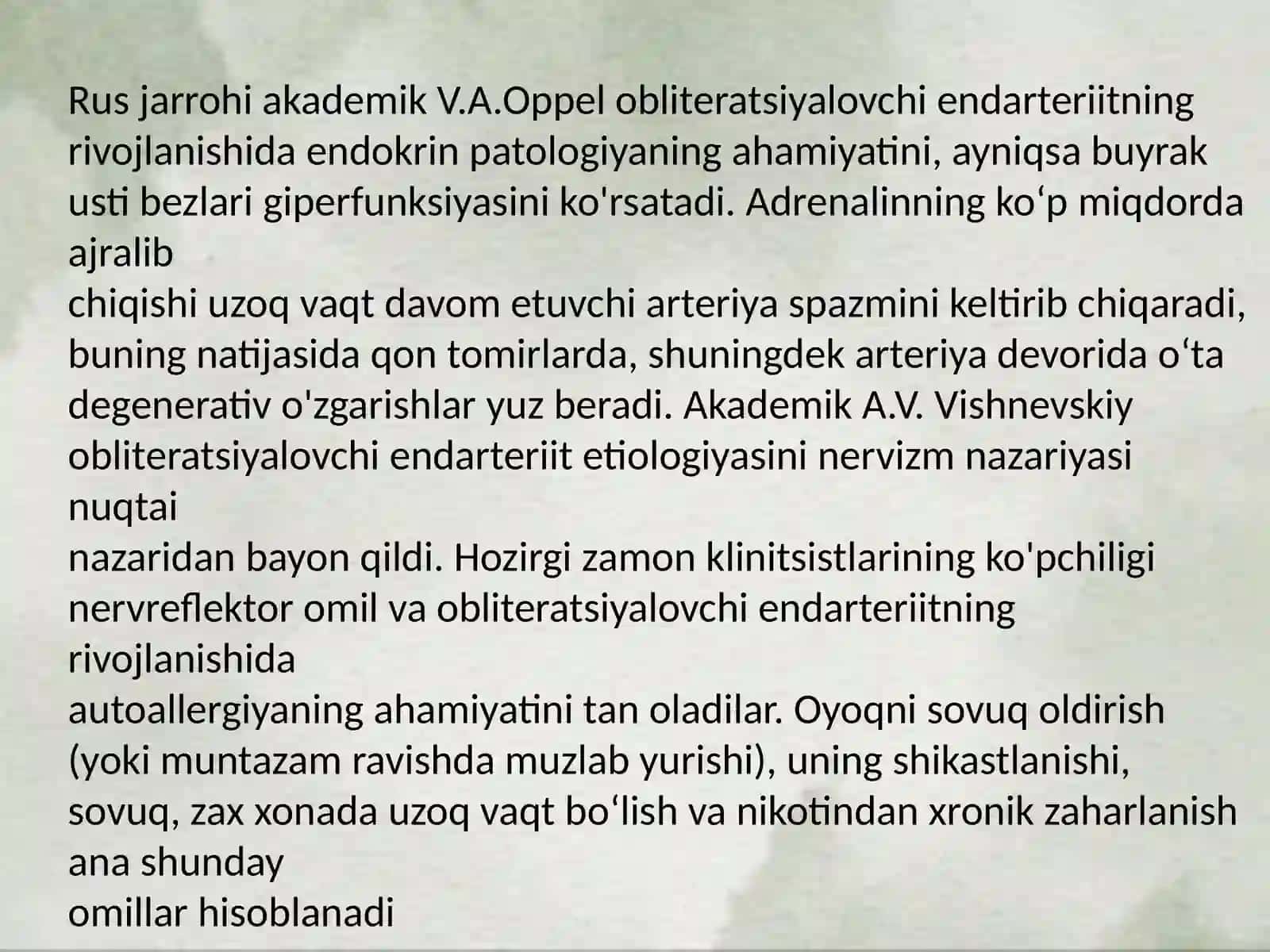 Qon tomirlar obsiteratsiyalanuvchi kasalliklari. Yumshoq to‘qimalar mikrasirkulyator qon aylanishini buzilishi. Kam invaziv kardioxirurgiya 4