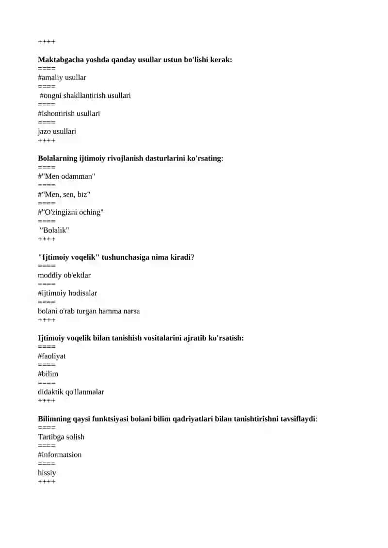 Maktabgacha ta’lim-tarbiyani tashkil etish fanidan test 4