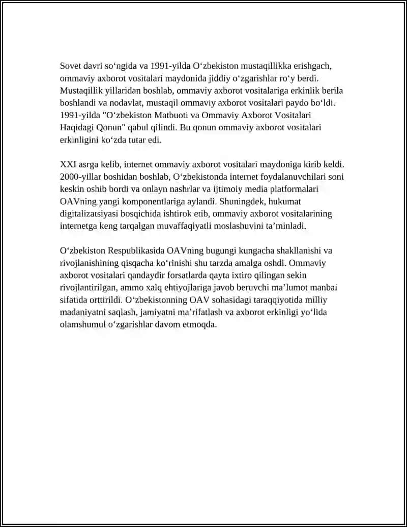 O'ZBEKISTON RESPUBLIKASIDA OMMAVIY AXBOROT VOSITALARINING FAOLIYATI 4