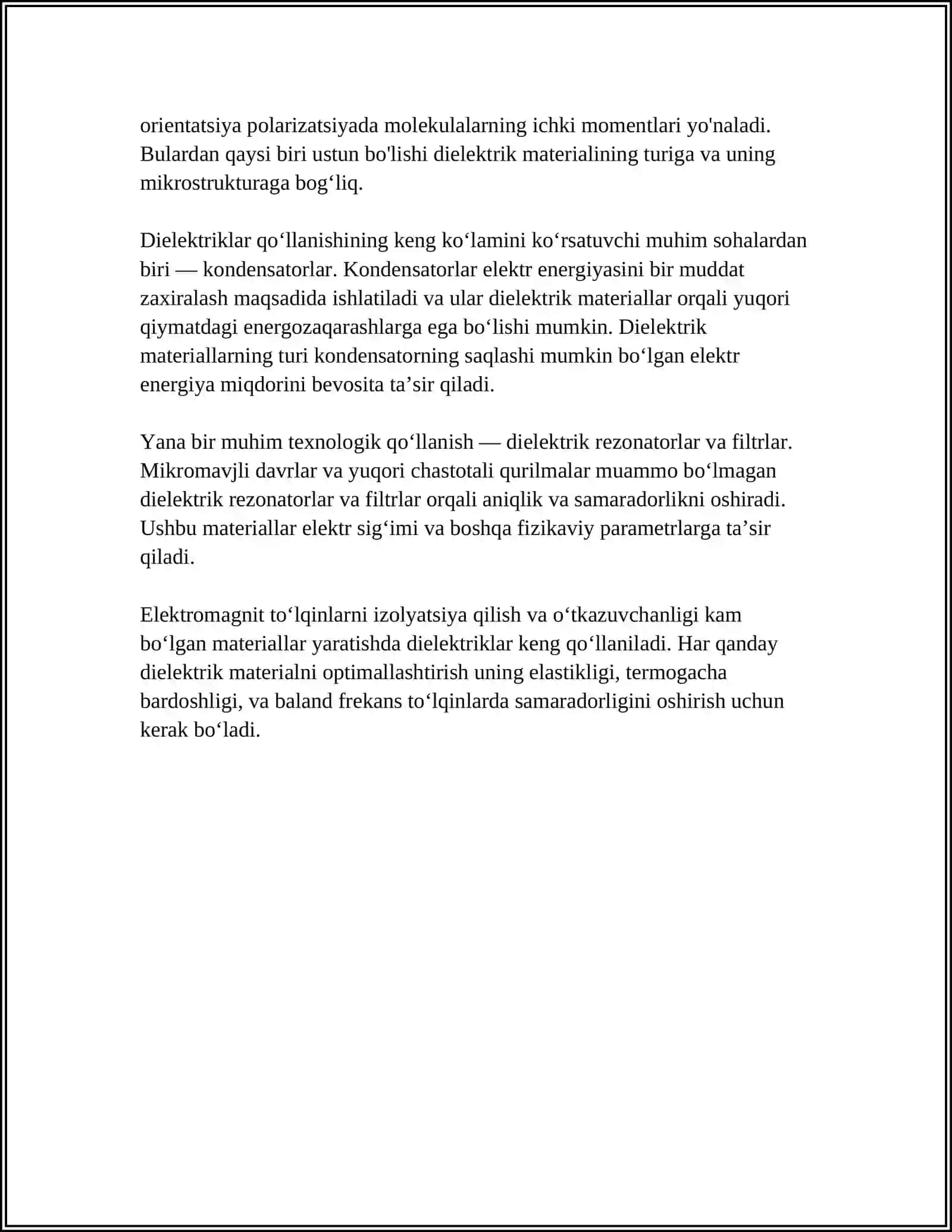 DIELEKTRIKLARDA ELEKTR MAYDONI. DIELEKTRIK SINGDIRUVCHANLIK VA DIELEKTRIKLARNING QUTBLANISHI. PEROELEKTRIKLAR VA SEGNETOELEKTRIKLAR 4