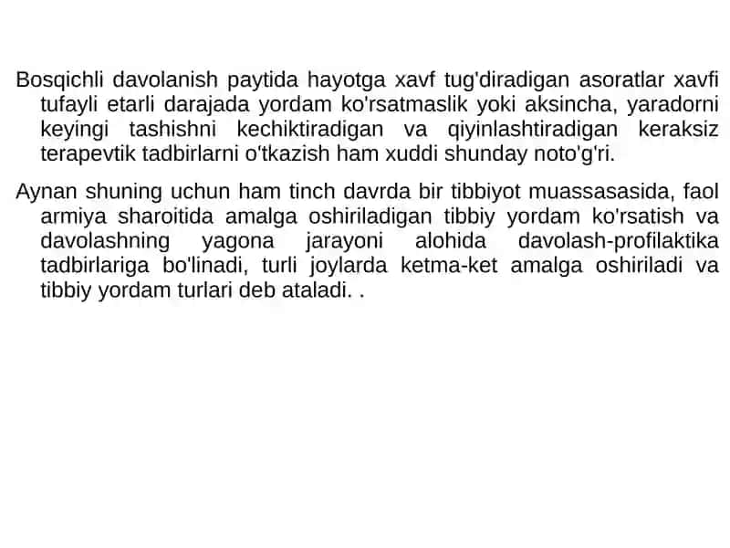 Tibbiy va evakuatsiya yordamini tashkil etish yaradorlar, kasallar, jangovar zonada va favqulodda vaziyatlarda zarar ko'rganlar 4