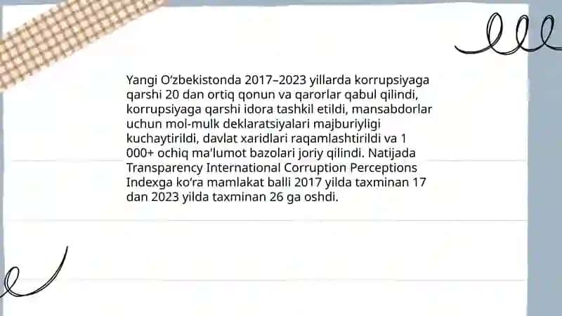 Yangi Oʻzbekiston ijtimoiy-siyosiy, iqtisodiy va madaniy hayotida roʻy berayotgan oʻzgarishlarning xalqaro reyting va indekslarda aks etishi 4