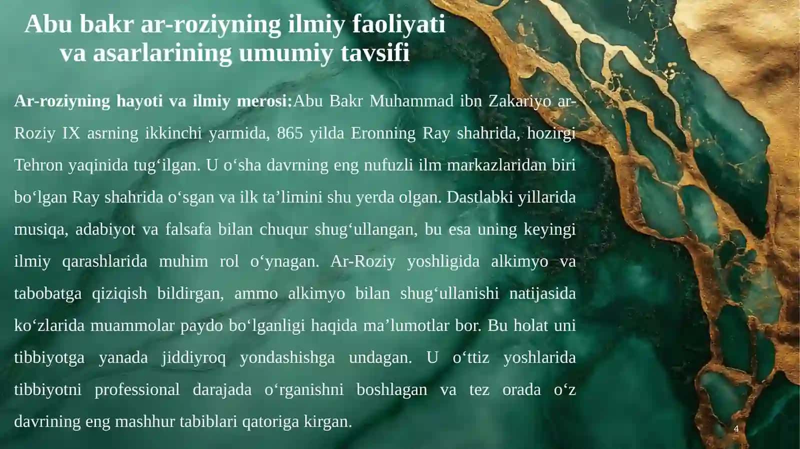 Abu Bakrar-Roziy(865–925)asarlarining roʻyxatini tuzish va ularning bugungi kundagi saqlangan makonlari boʻyicha koʻrsatkich 4