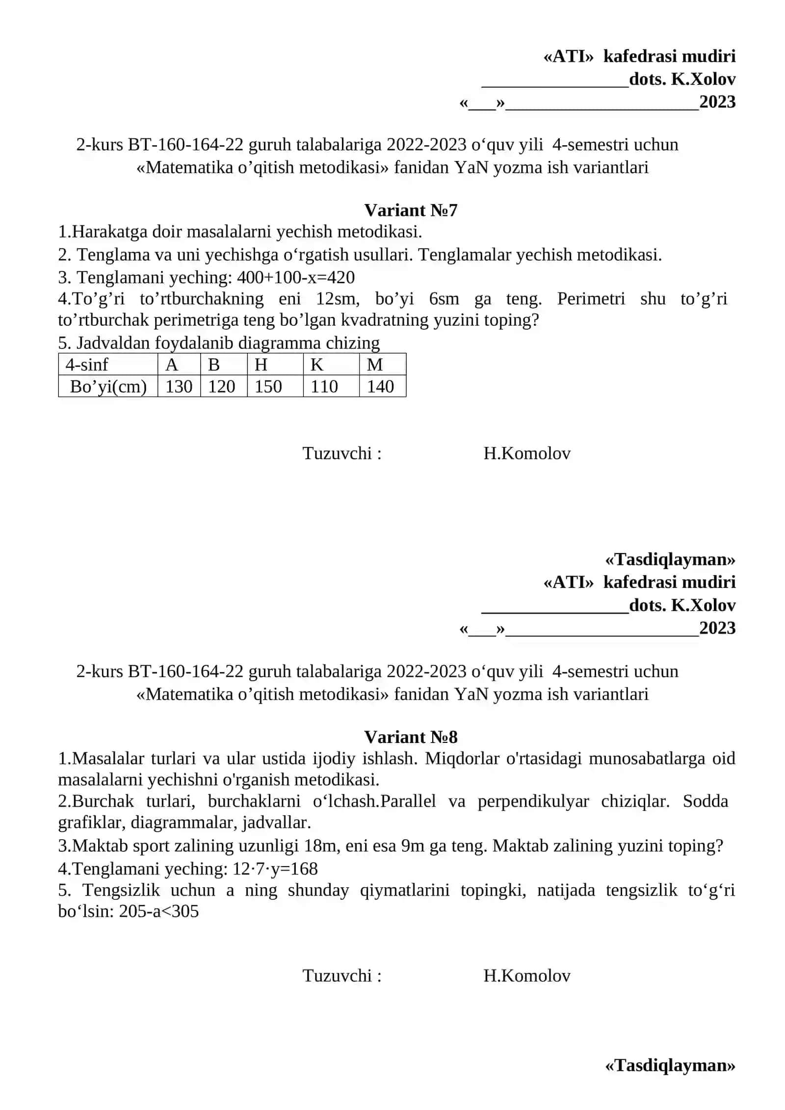 Matematika o’qitish metodikasi YaN yozma ish variantlari 4