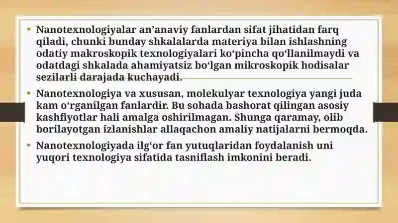 Nanotexnologiyalar haqida umumiy ma’lumot berish,yaratilish va rivojlanish tarixini yoritish. Bugungi kun tibbiyotining turli soxalarida nanotexnologiyalardan foydalanishning asosiy sabablari hamda uning natijalari. 4
