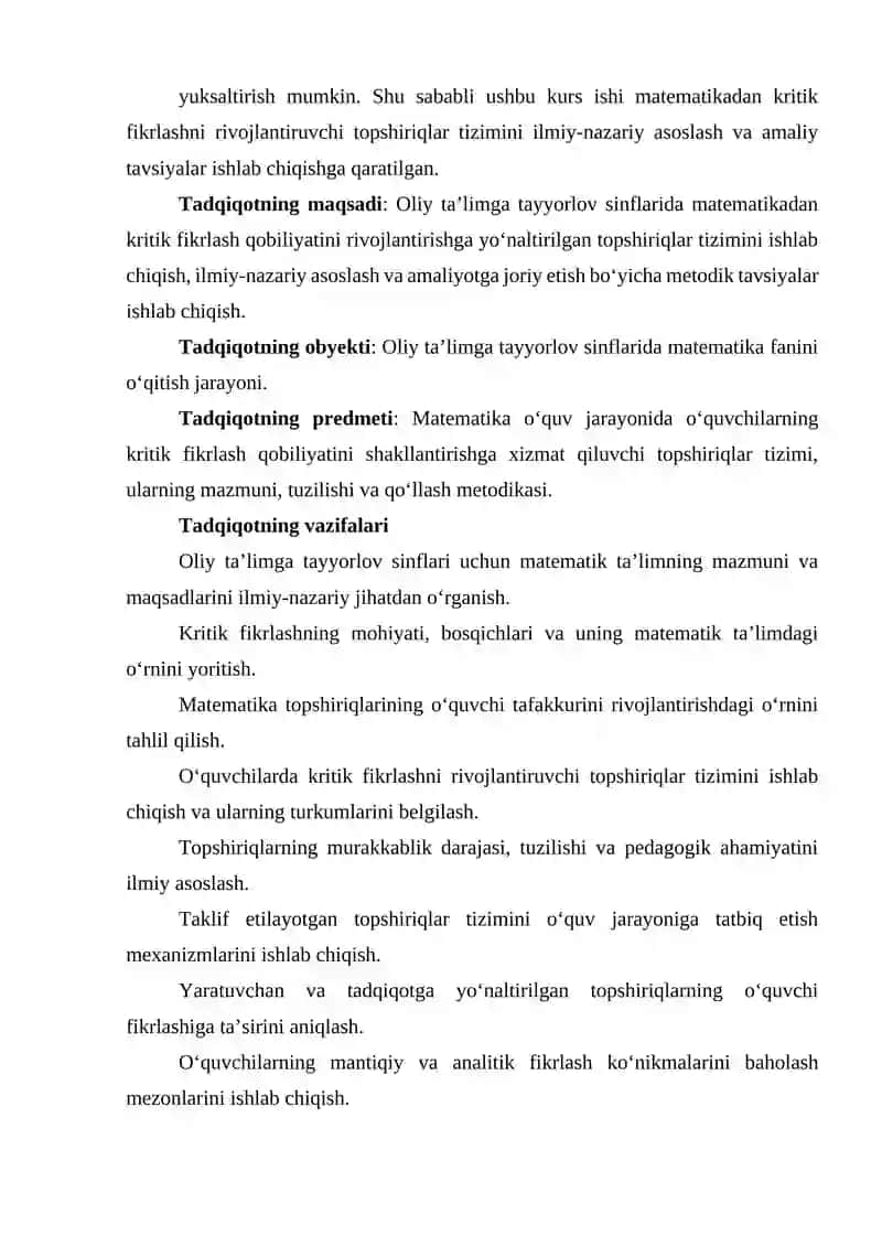Oliy ta'lim yayyorlov sinflarida matematikadan kritik fikrlash qobiliyatini rivojlantirishga qaratilgan topshiriqlar tizimi. 4