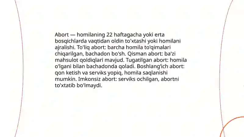 Homiladorlik I yarmida qon ketishlar. Abortlar, turlari 4