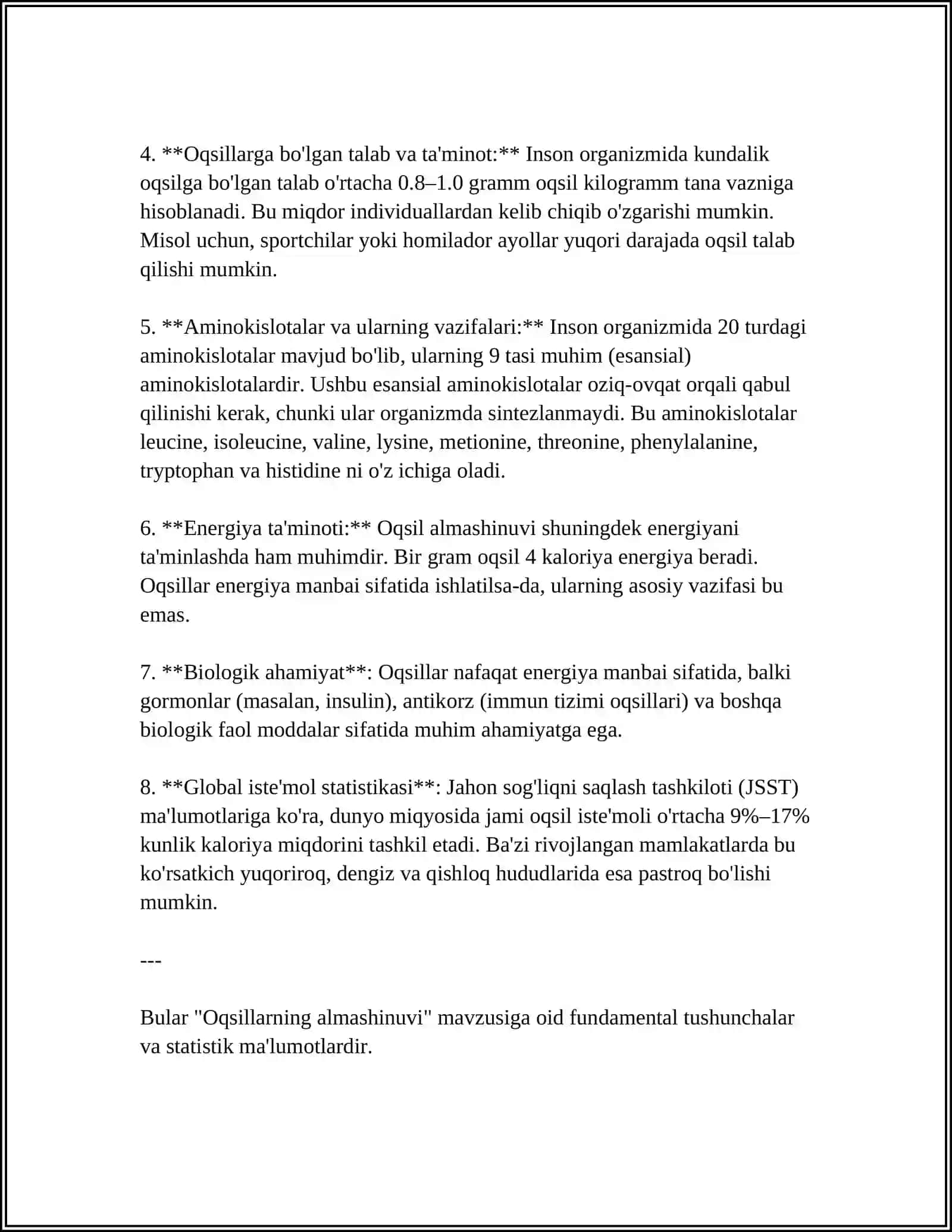 ORGANIZMDA OQSILLARNING, YOGʻLARNING VA UGLEVODLARNING ALMASHINISHI VA AHAMIYATI 4
