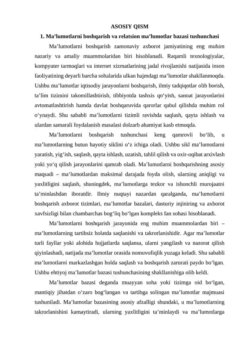 Ma’lumotlarni boshqarish, Relatsion ma’lumotlar bazasi tushunchasi,Katta hajmdagi ma’lumotlarni boshqarish, Ma’lumotlar bazasini boshqarish tizimini (DBMS) o‘rnatish va boshqarish, SQL dasturlash, Python integratsiyasi (Cursor yordamida) 4