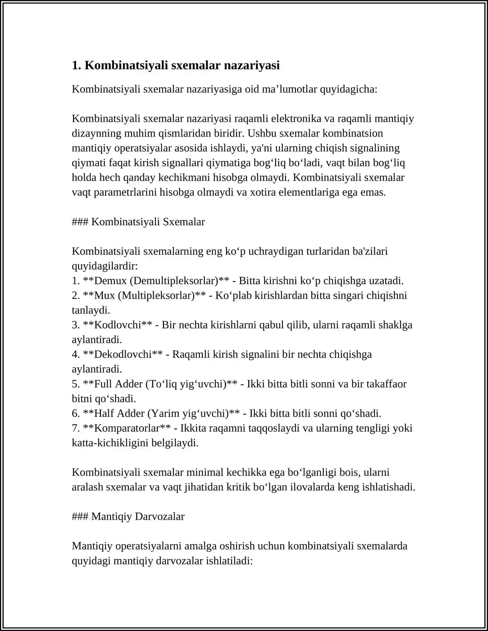 Kombinatsiyali sxemalar uchun testlarni qurish usullari 4