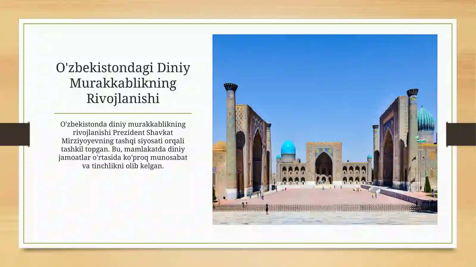 O'zbekiston Respublikasining Prezidenti Shavkat Mirziyoyevning diniy bag'rikenglik sohasida olib borgan qilonasiyati 4