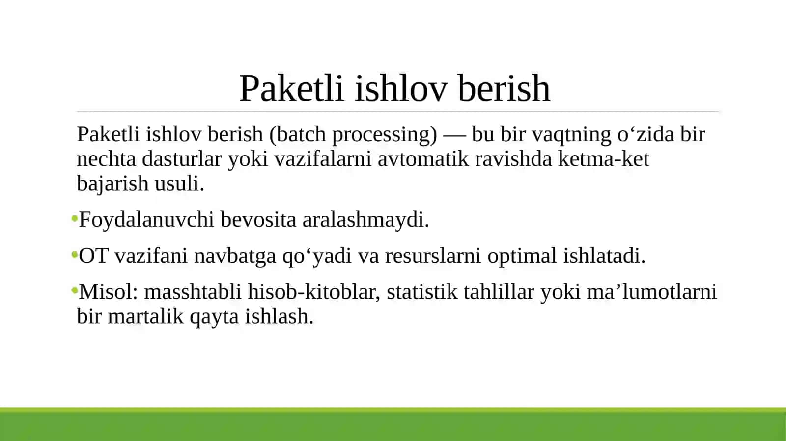 Operatsion tizimlarning arxitekturaviy ta’minoti. Paketli ishlov berish, Arxitektura sxemasi, Shina, CPU va xotiraning mantiqiy ko‘rinishi, Xotira segmentlari, Qurilma registrlari, Disk qurilmasi, Tarmoq qurilmasi, Qurilma drayverlari, Boot jarayoni 4