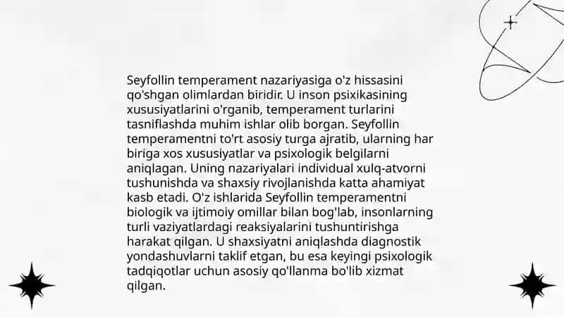 Krechmerning "Temperament" nazariyasi; Temperamentni oʻrgangan olimlar; Xarakter shakllanishida ta'sir etuvchi omillar. 4