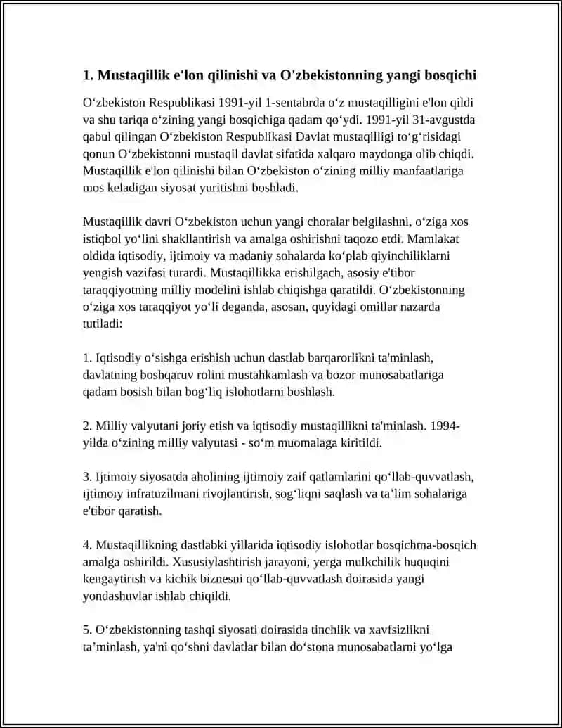 O‘zbekistonning O‘ziga Xos Istiqlol va Taraqqiyot Yo'li 4