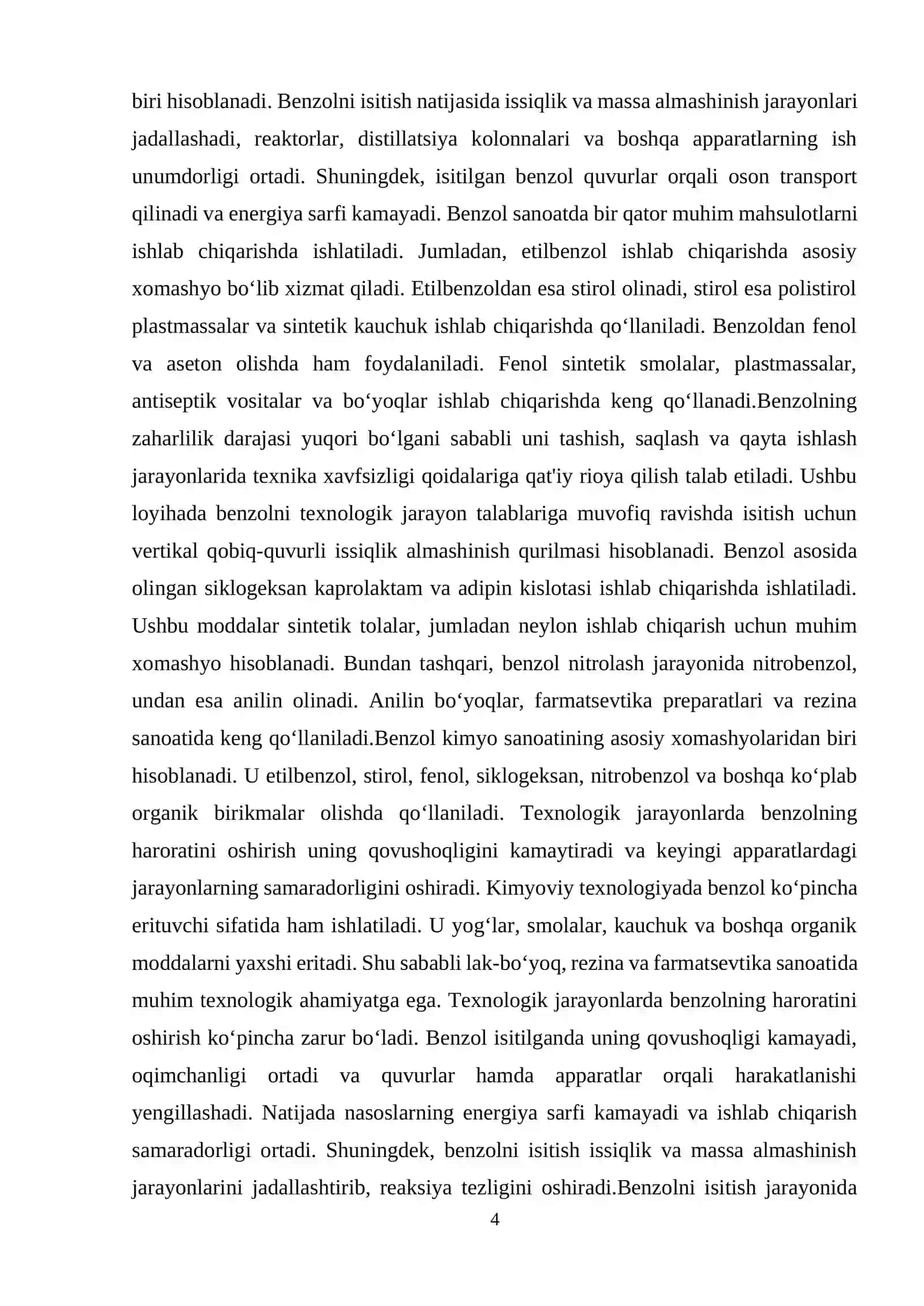 Benzolni isitish uchun vertikal issiqlik g‘ilofsimon almashinish qurilmasini hisoblang va loyihalang 4