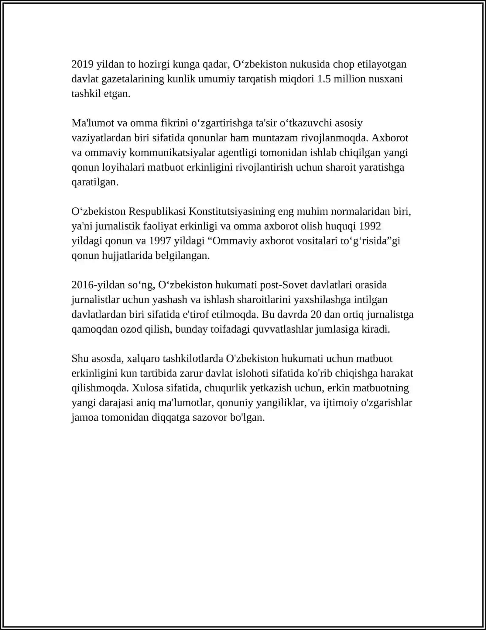 O'ZBEKISTON RESPUBLIKASI OMMAVIY AXBOROT VOSITALARINING FAOILYATI 4