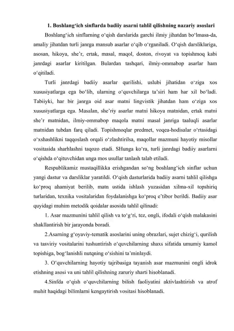 4-sinf oʻqish darslarida qahramonlarga tavsif berishga oʻrgatish metodikasi 4