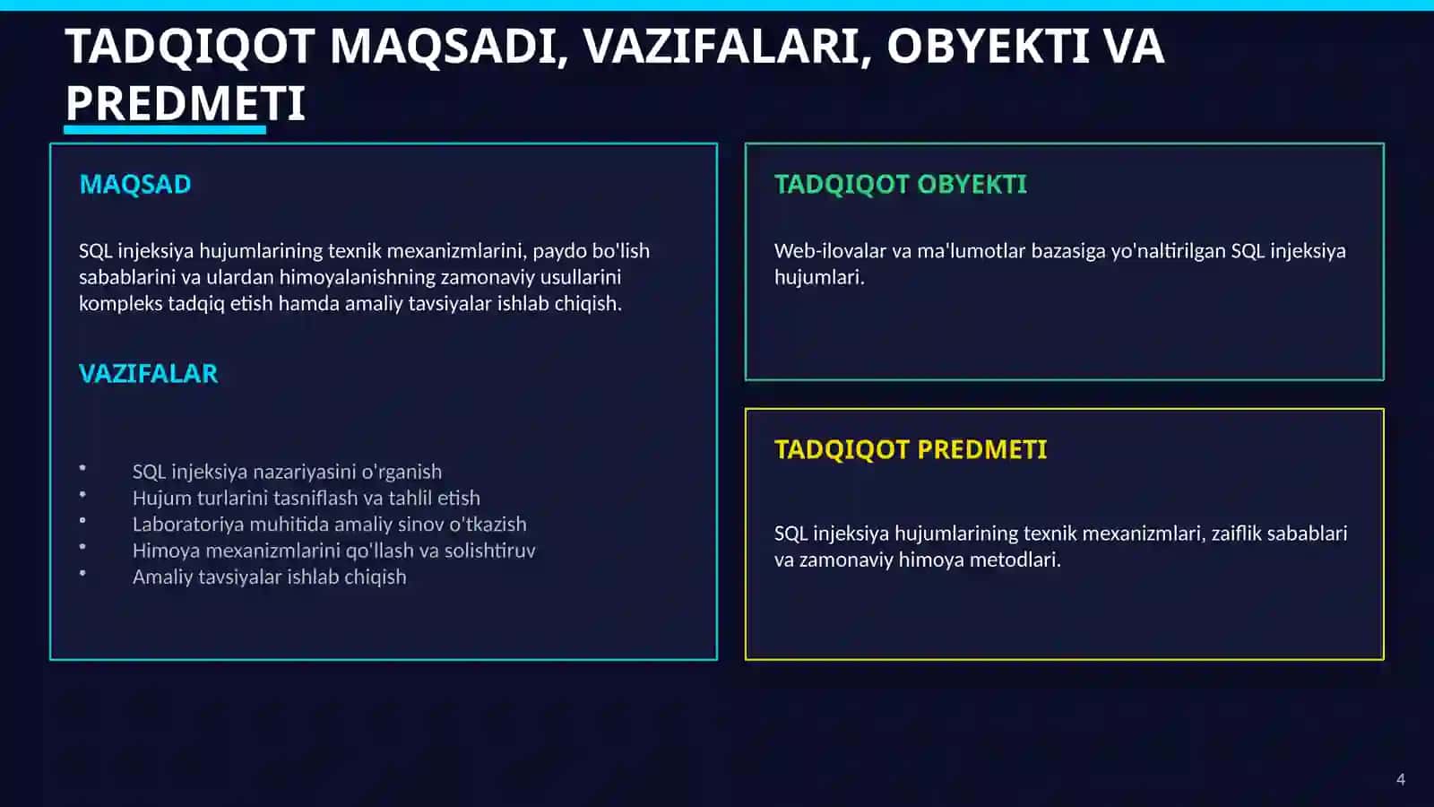 SQL INJEKSIYA HUJUMLARI VA ULARNI OLDINI OLISH VOSITALARINING TADQIQI 4