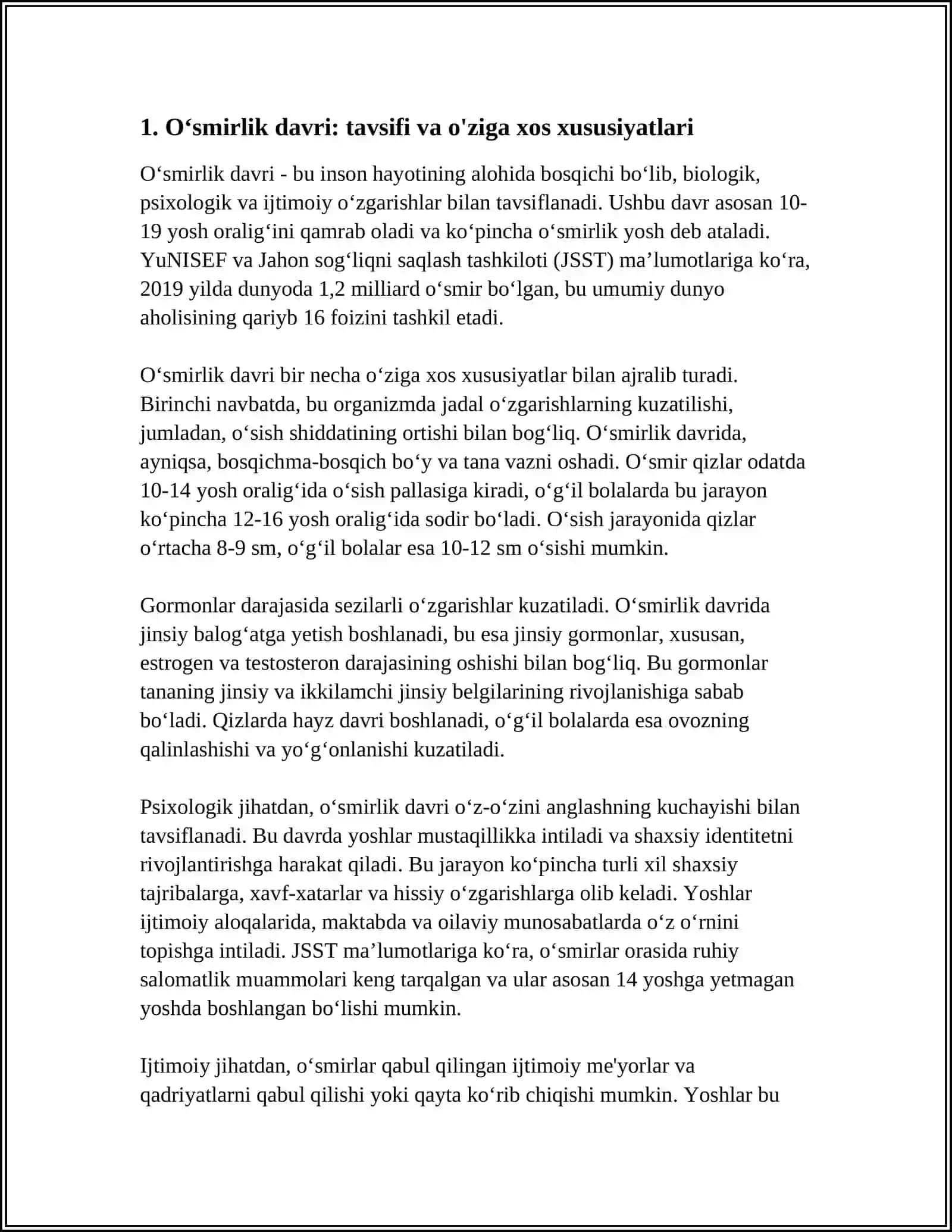 OʻSMIRLIK DAVRI INQIROZI VA UNING PSIXOLOGIK, PSIXOFIZIOLOGIK SABALARI 4