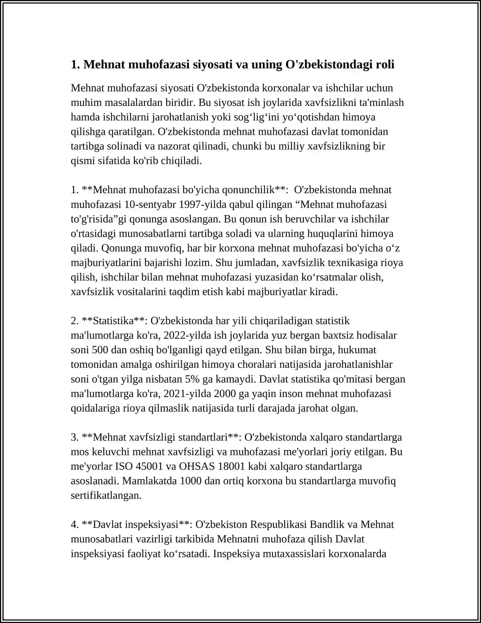 OʻZBEKISTON RESPUBLIKASI MEHNAT MUHOFAZASI SOHASIDAGI DAVLAT SIYOSATI HAQIDA MINI KEYS 4
