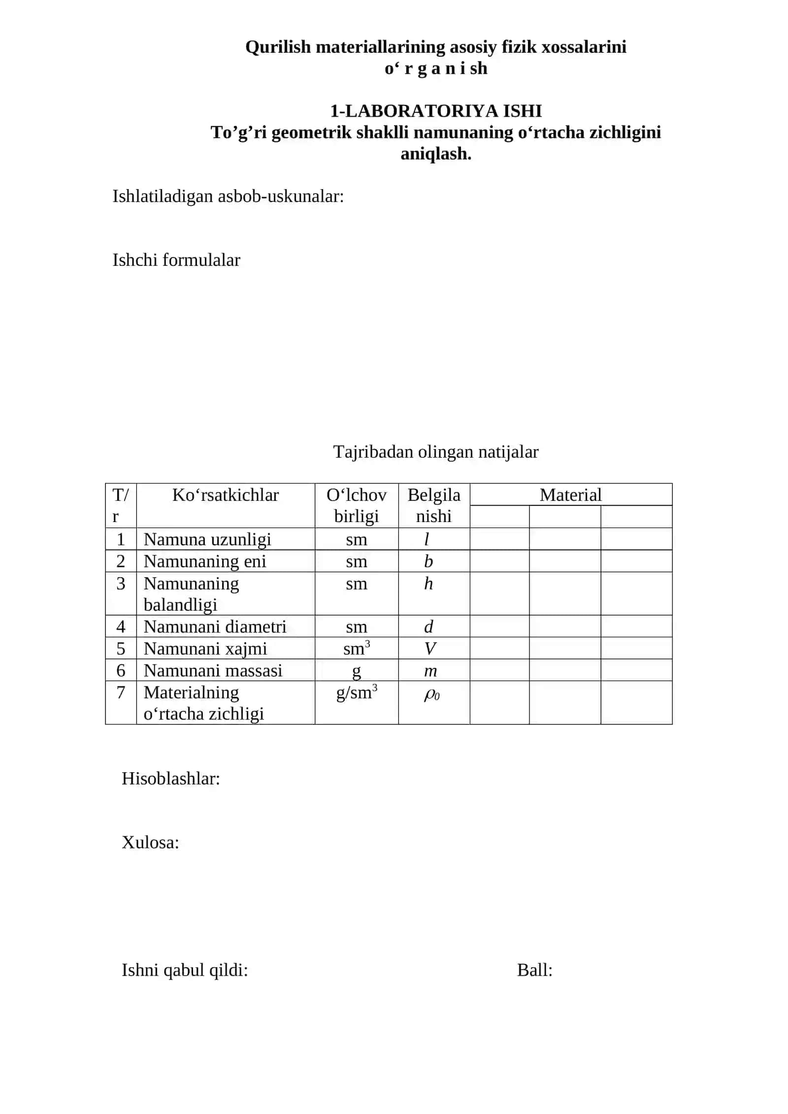 Qurilish materiallari va buyumlari laboratoriya ishlari daftari 4