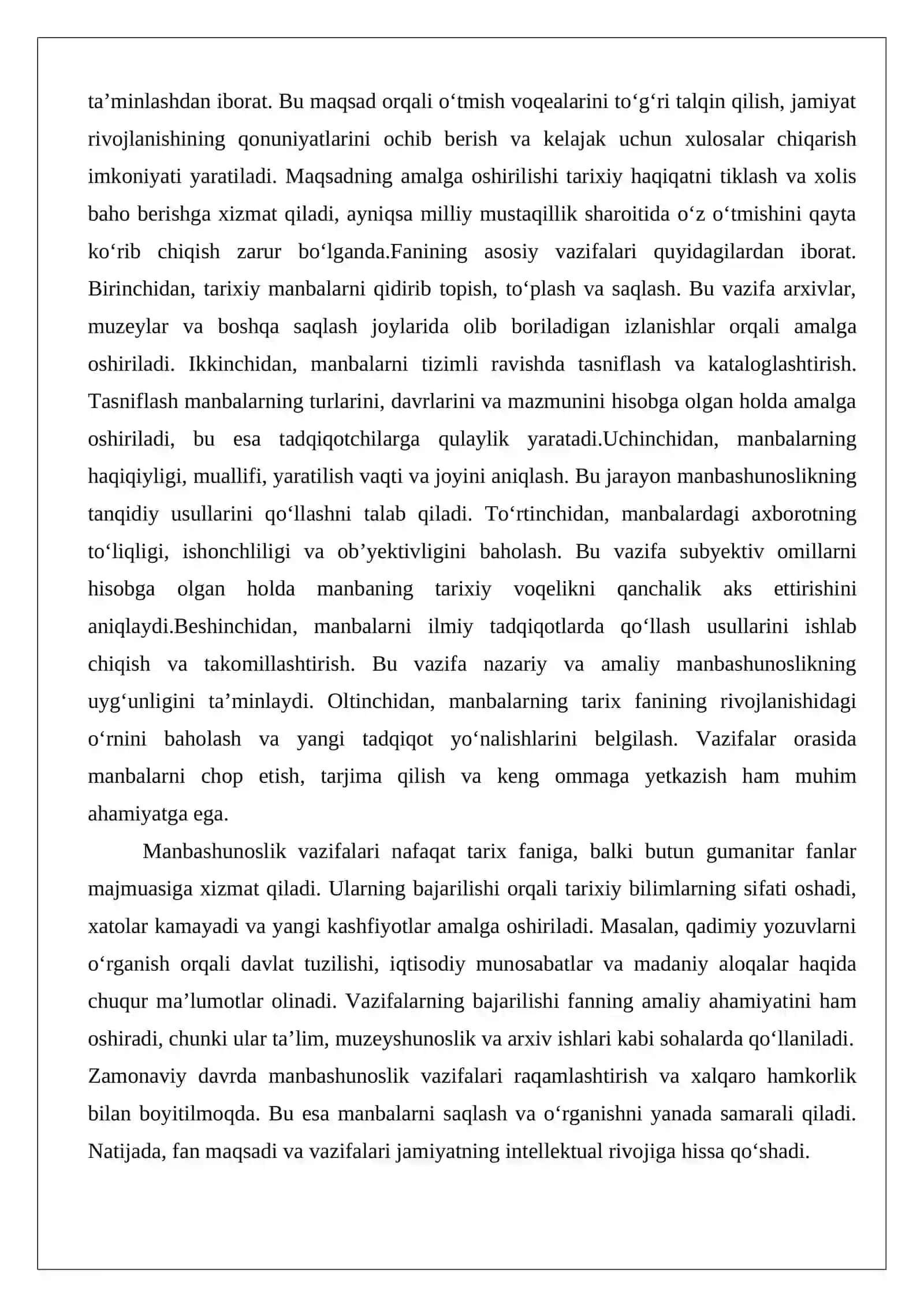 Manbashunoslik fanining predmeti, maqsad va vazifalari. Tarixiy manbalarni turkumlash. Tarixiy manbalarni o‘rganish, aniqlash va tahlil qilish 4