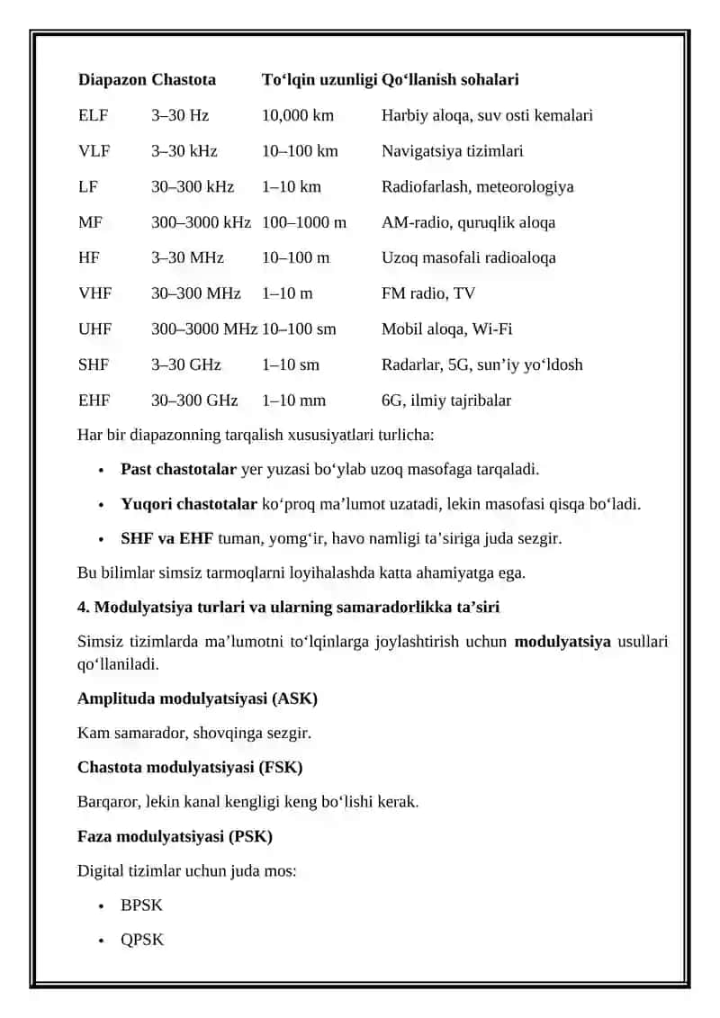 Simsiz axborot o’tqazish muhiti va ularning texnik ko’rsatkichlari 4