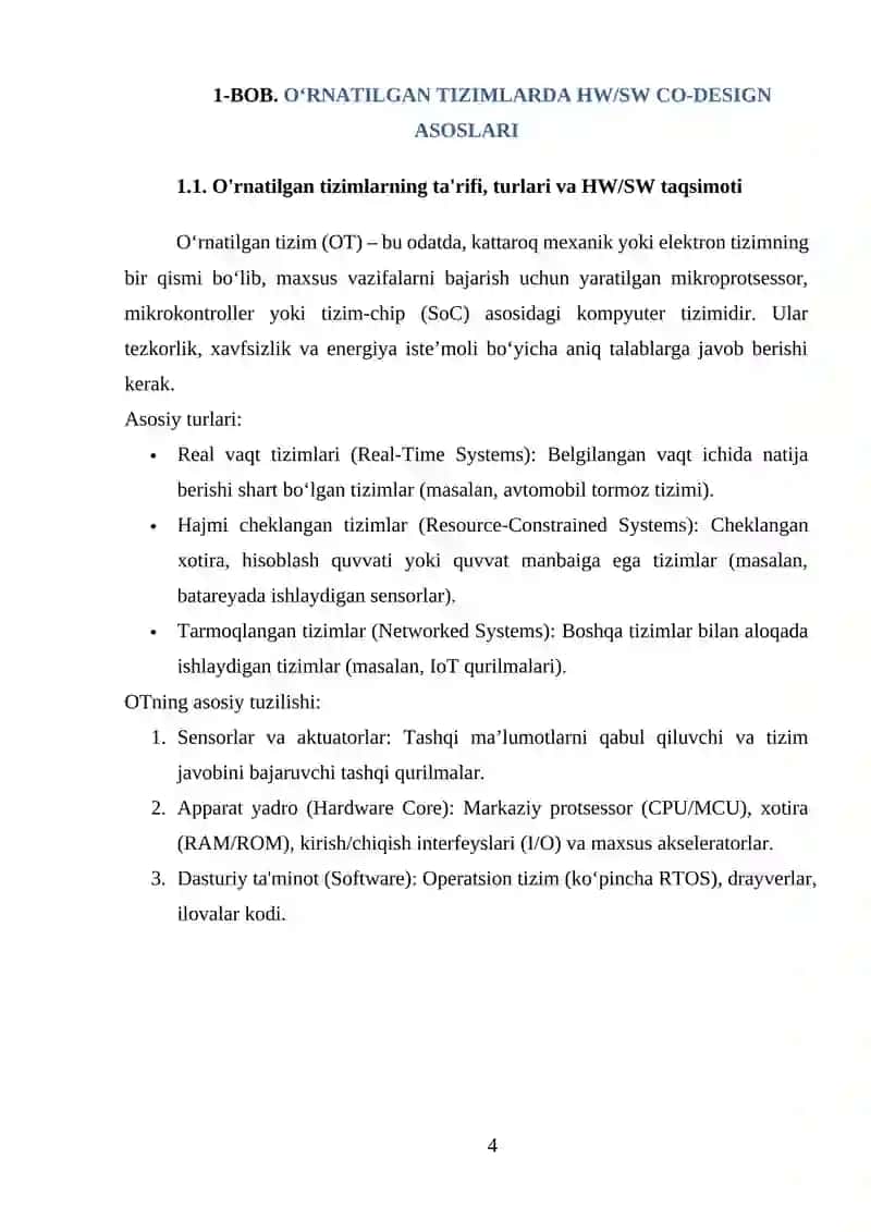 O‘RNATILGAN TIZIMLARDA APPARAT VA DASTURIY TA’MINOTNING QO‘SHMA LOYIHALASH USULLARI (HW/SW CO-DESIGN) 4