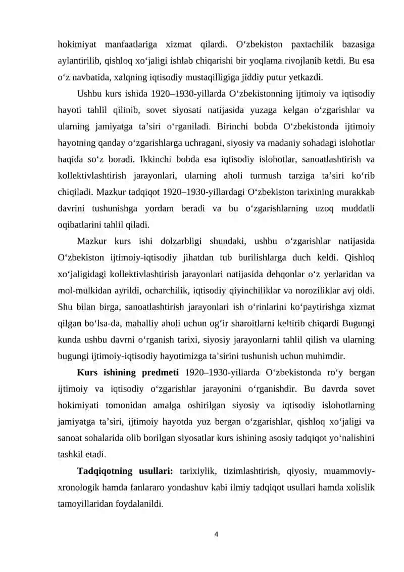 KURS ISHI 1920-1930 yillarda O'zbekistonning ijtimoiy - iqtisodiy hayoti 4