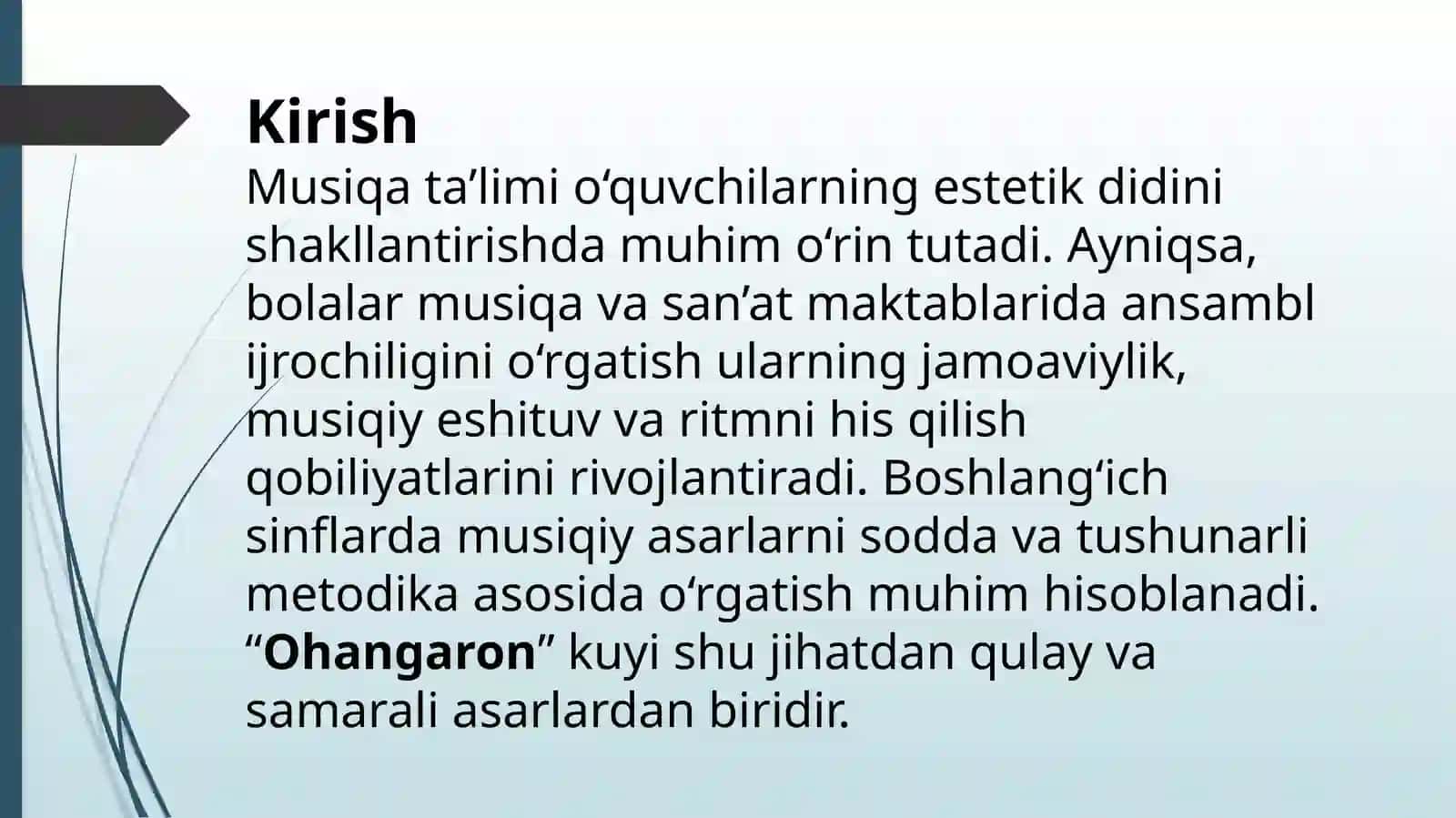 M. Levieyning “Ohangaron” kuyini ansambl ijrosida o‘rgatish metodikasi 4