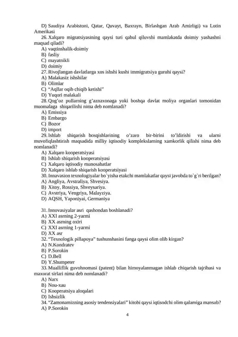 Global iqtisodiy rivojlanish fanidan Joriyiy nazorat uchun test savollari 4